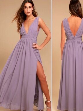 Lulu's Dusty Purple Plunging V-Neck Chiffon Maxi Dress